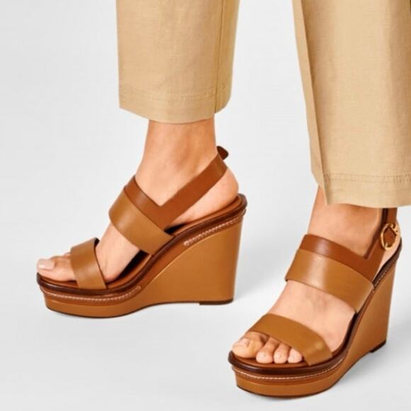 Tory Burch Selby brown Wedge Heels Slip On Size 11 two tone leather sandals - Picture 2 of 10